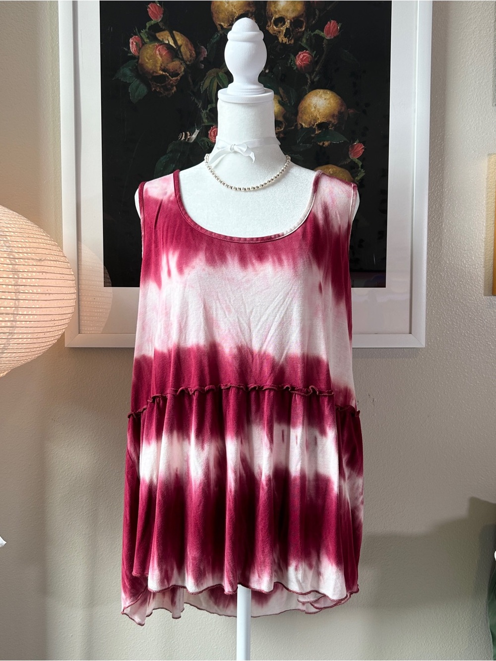 rue+ Red/White Tie Dye Open Back Ruffle Knit Tank Top Plus Size 2X